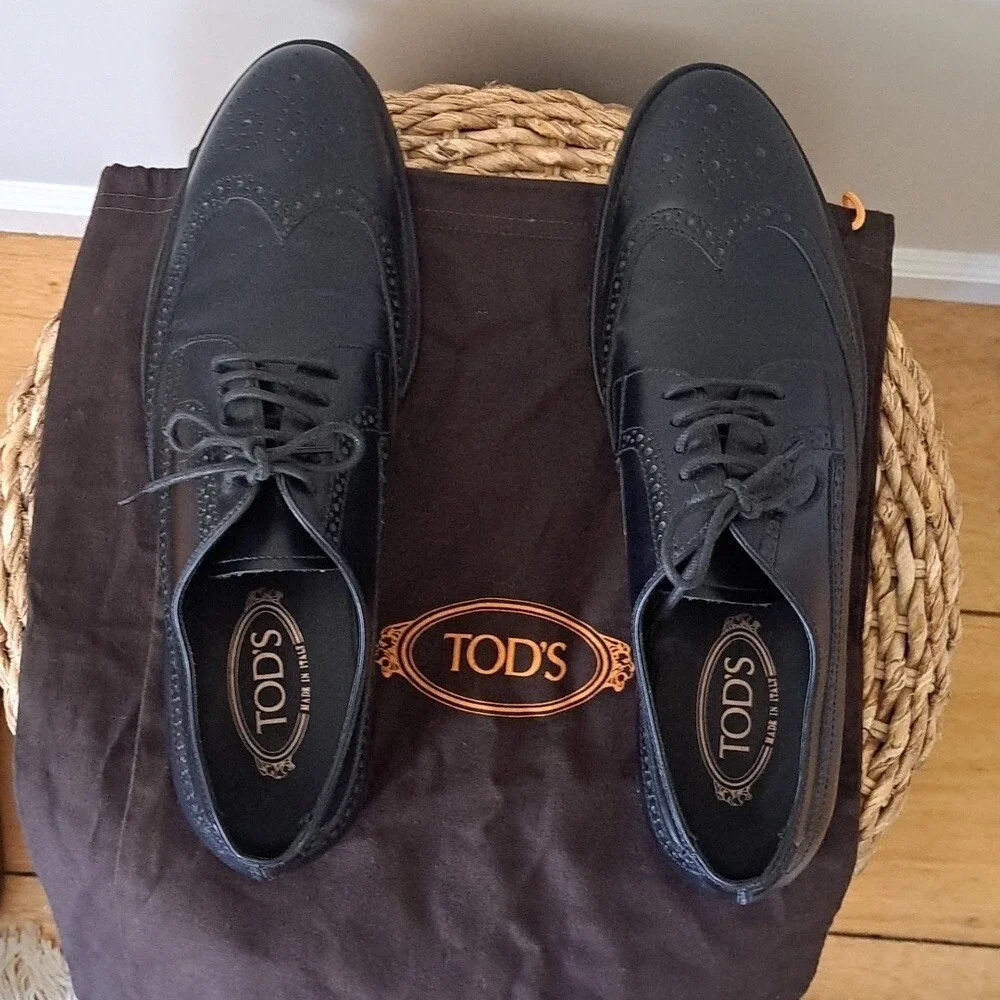 Tod's Mens Classic  Black Italian Leather Wingtip Oxford Dress Shoes‎ US12/IT11